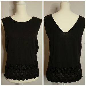 Vintage Black Beaded Crochet Sleeveless Knit Tank Size L Elegant Evening Party